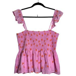 Arula Floral Smocked Ruffle Strap Top Size 1X Cropped Pink Whimsical Romantic
